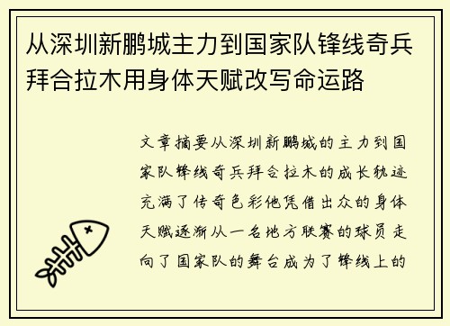 从深圳新鹏城主力到国家队锋线奇兵拜合拉木用身体天赋改写命运路 从深圳新鹏城主力到国家队锋线奇兵拜合拉木用身体天赋改写命运路